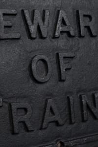 British Station sign Beware of Trains Cast iron