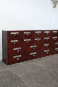 Apothecary drawers with glass labels and handles
