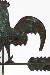 Vintage original 20th century copper cockerel weathervane with verdigris