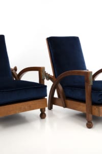 Art Deco armchairs velvet upholstery and decorative wooden frame