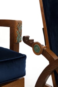 Pair of antique Art Deco armchairs velvet upholstery and decorative wooden frame