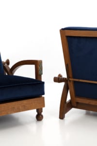Pair of original antique Art Deco armchairs velvet upholstery and decorative wooden frame
