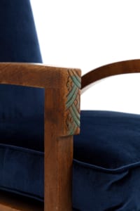 Pair of original vintage Art Deco armchairs velvet upholstery and decorative wooden frame