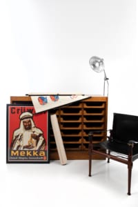 Original haberdashery oak shop cabinet with glass sliding doors