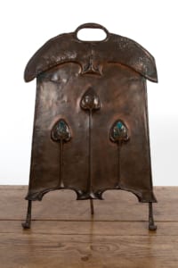 Arts and Crafts copper fire guard with Ruskin ceramic roundels