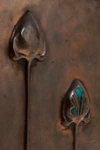 Arts and Crafts copper fire guard with Ruskin ceramic roundels and wrought iron scrolling supports