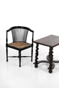 Arts and Crafts ebonised with drop in rush seat corner chair