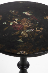 19th century papier mache tilt table with mother of pearl and gun barrel support