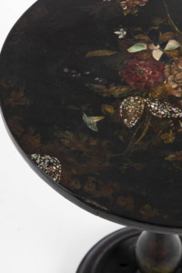 19th century antique papier mache tilt table with mother of pearl and gun barrel support