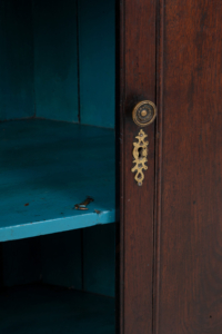 Original antique wooden George III Oak corner cupboard blue painted interior