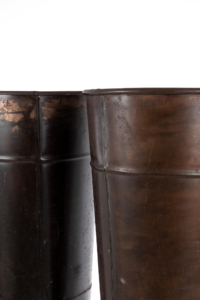 Pair of tall oxidised copper garden planters