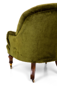 Original green velvet button back library armchair